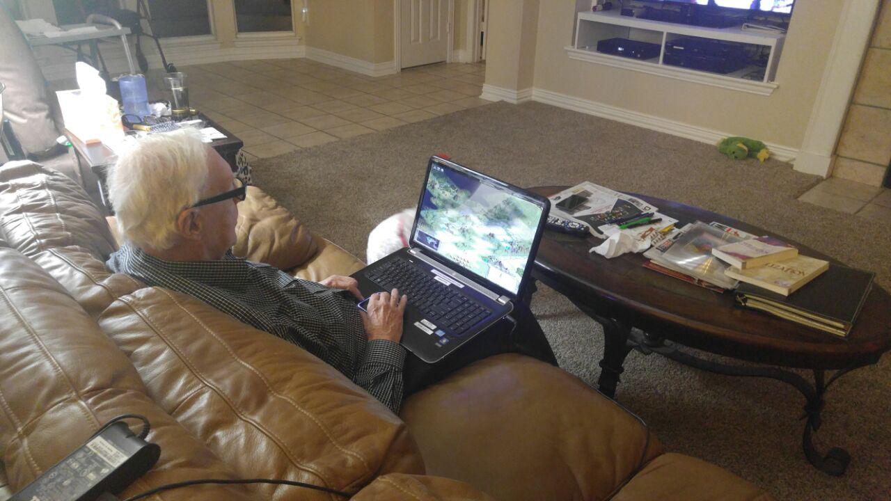 He moved to the living room, "Grandpa you already have over 6000 hours in that, maybe go outside with your friends" they probably said to him...