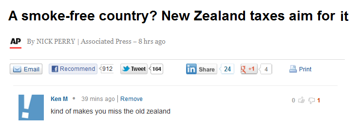 organization - A smokefree country? New Zealand taxes aim for it Ap By Nick Perry | Associated Press 8 hrs ago M Email Recommend 912 Tweet 164 in 24 g 1 4 Print 0 1 Ken M. 39 mins ago Remove kind of makes you miss the old zealand