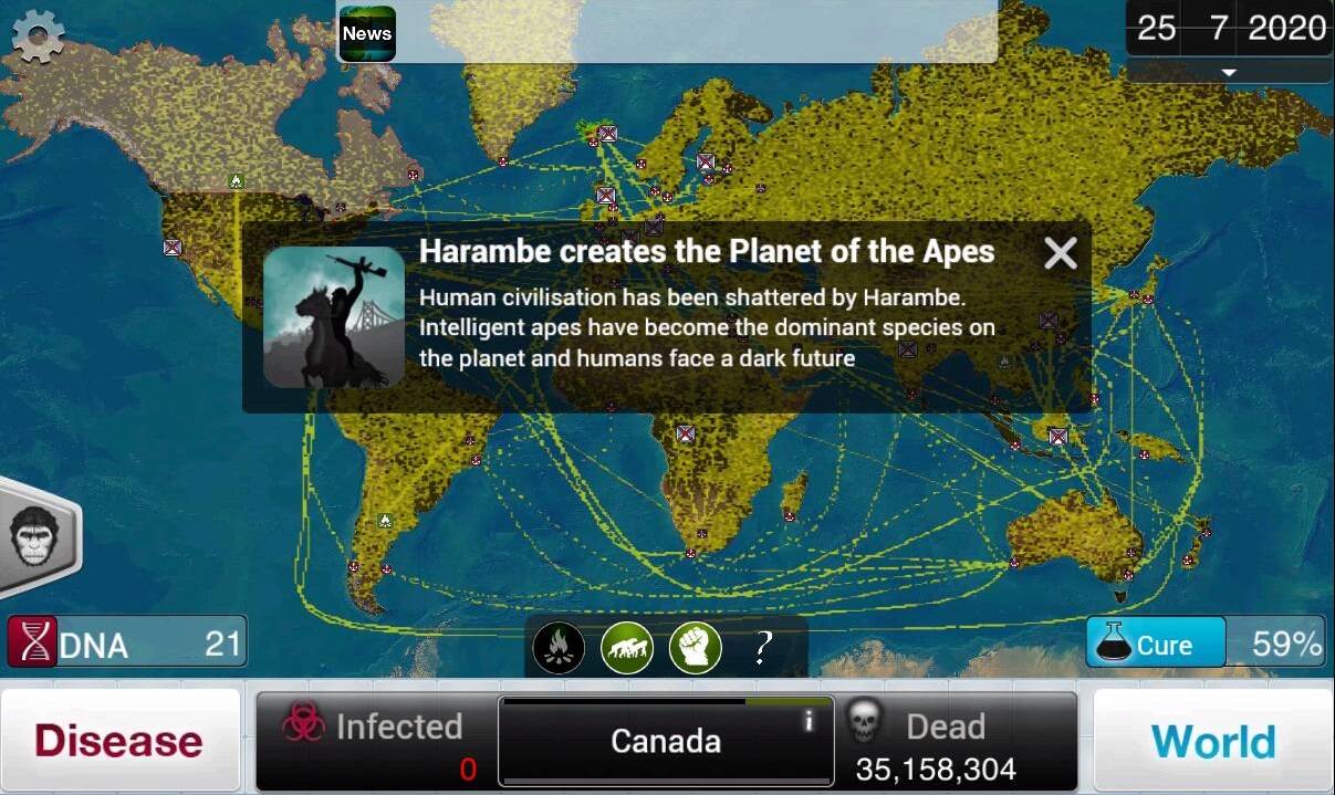 plague inc simian flu - News 25 7 2020 Harambe creates the Planet of the Apes Human civilisation has been shattered by Harambe. Intelligent apes have become the dominant species on the planet and humans face a dark future %Dna 21 Cure 59% Disease Infected