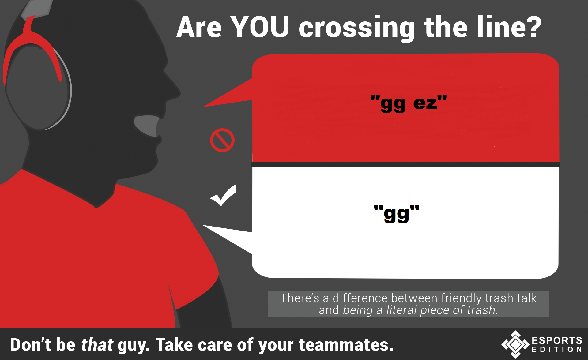 gg ez meaning - Are You crossing the line? "gg ez" "gg" There's a difference between friendly trash talk and being a literal piece of trash. Don't be that guy. Take care of your teammates.  Esports Edition