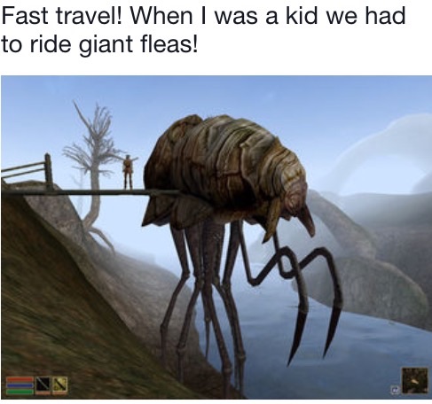 walk when you can ride - Fast travel! When I was a kid we had to ride giant fleas!