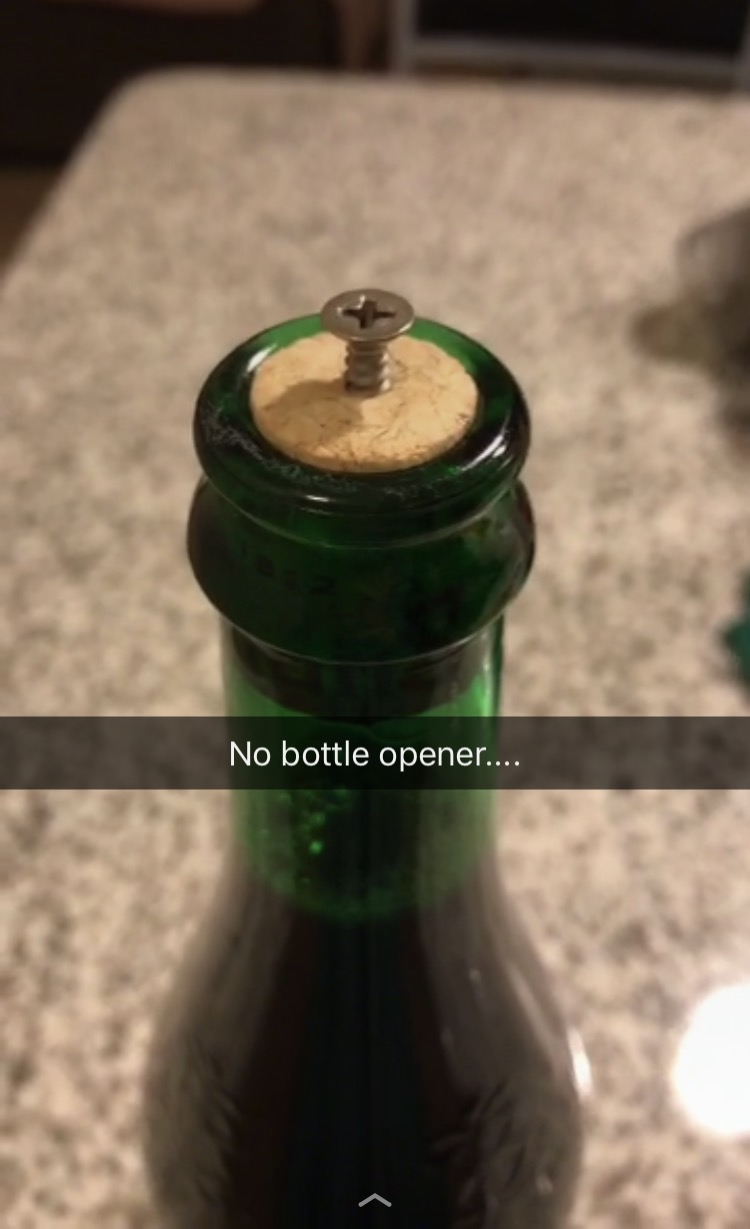 She wrote "Wanted to get drunk after BF of 3.5 years broke up with me. Didn't have a bottle opener, so had to improvise."