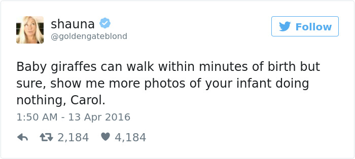 vancityreynolds twitter - shauna Baby giraffes can walk within minutes of birth but sure, show me more photos of your infant doing nothing, Carol. 47 2,184 4,184