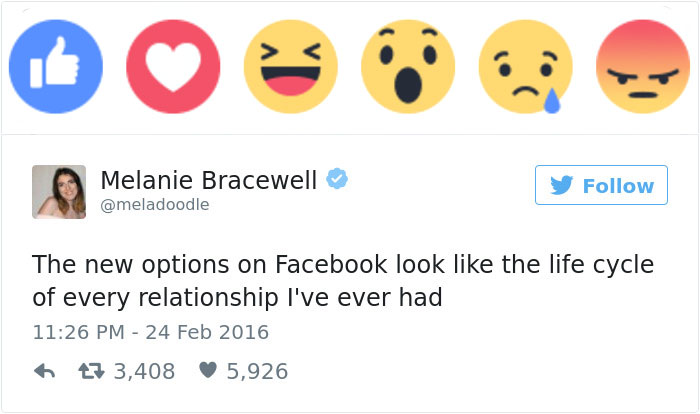 facebook feelings - Melanie Bracewell y The new options on Facebook look the life cycle of every relationship I've ever had 17 3,408 5,926