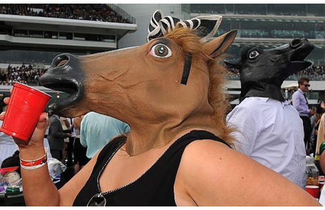 Woman wearing a horse head in Kentucky