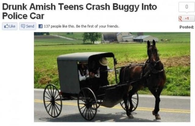 Drunk Amish teens crash buggy into police car in Pennsylvania.