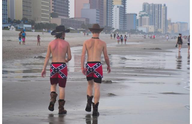 Boys wearing shorts with Confederate flag in South Carolina.