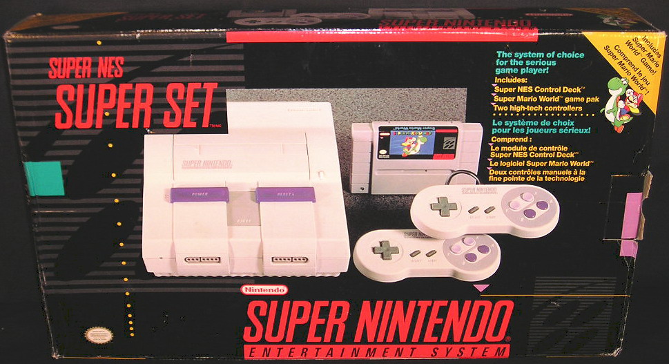 super nintendo box - Super Nes Super Set The system of choice for the serious game player! Includes Super Nes Control Deck Super Mario World game pak Two hightech controllers Super Mario World! Comprend le jeu World Game! Super Mario Includes 2 Le systme