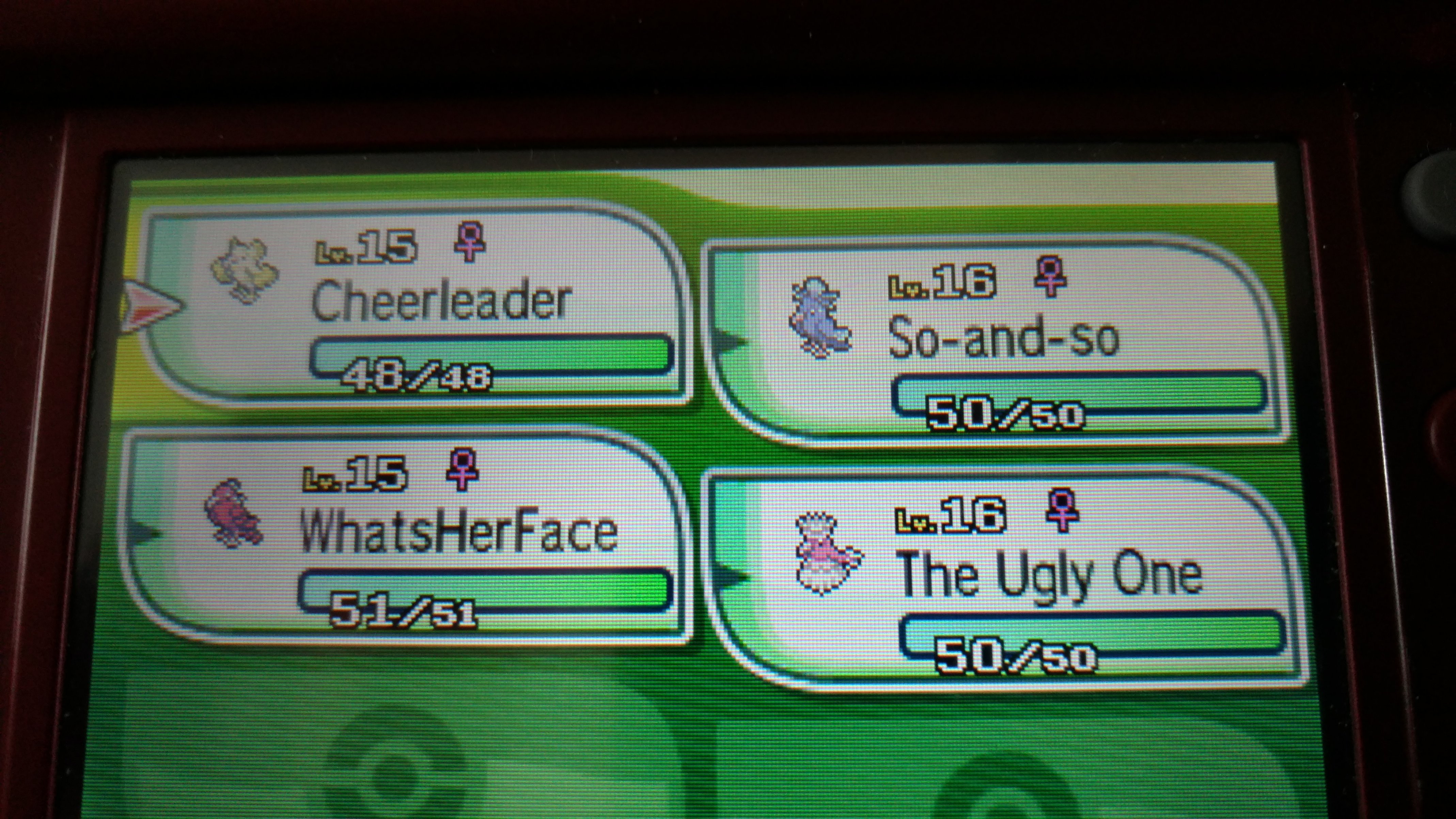 Pokémon - 15 Cheerleader 4848 L.16 Soandso 5050 6.15 WhatsHerface 51251 1.16 4 The Ugly One 50250
