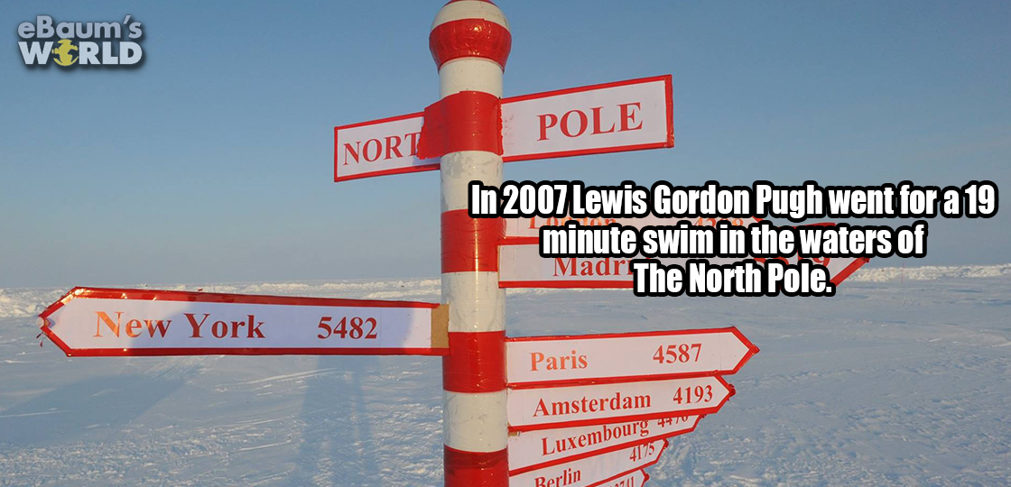 north pole sign - eBaum's World Pole Nort In 2007 Lewis Gordon Pugh went for a 19 minute swim in the waters of Madr The North Pole. New York 5482 Paris 4587 Amsterdam 4193 Luxemboury 13 Berlia