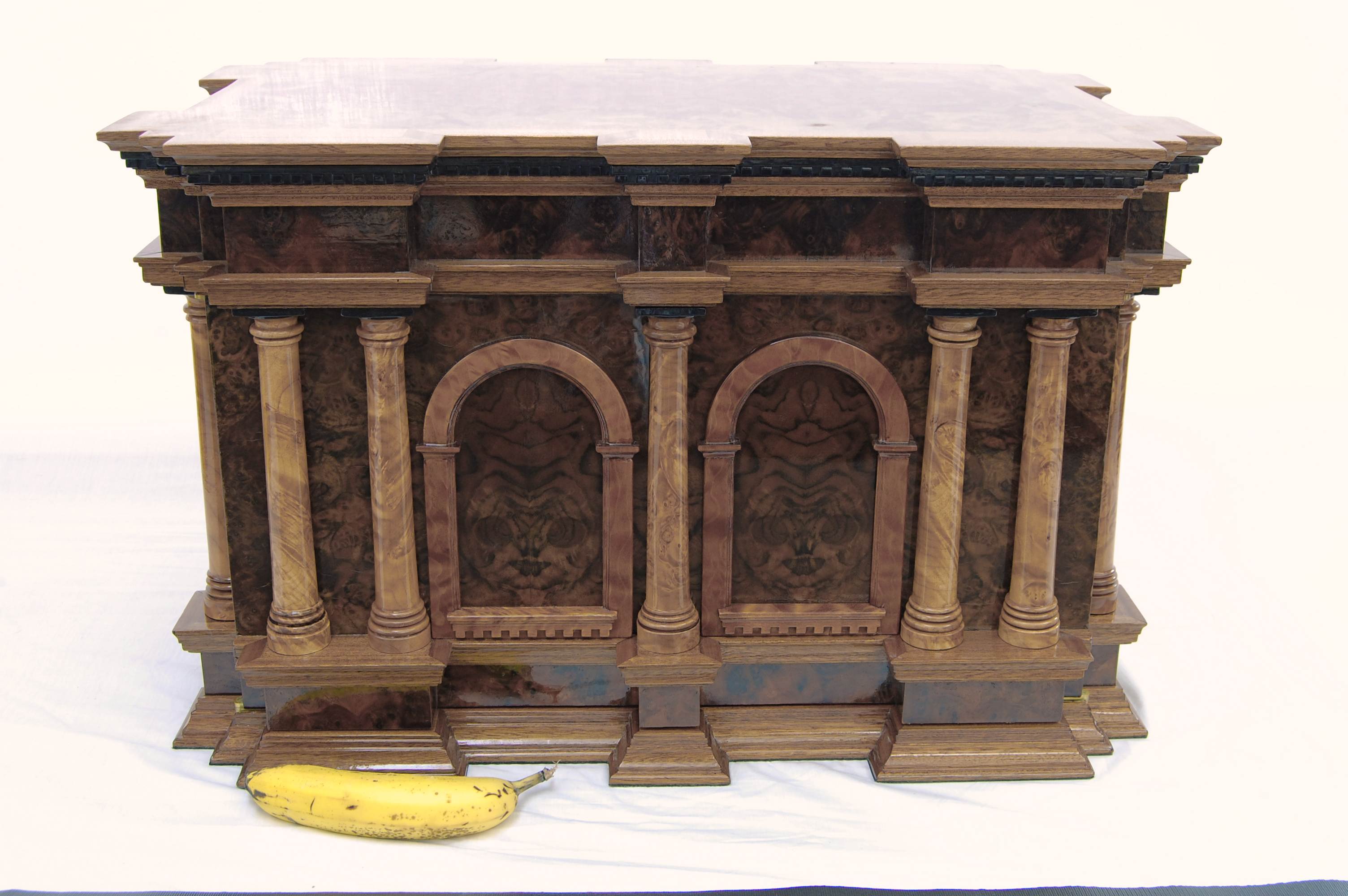 After over  1000 hours invested this is the result. Over 1000 individual pieces of wood used in construction. Banana for scale.