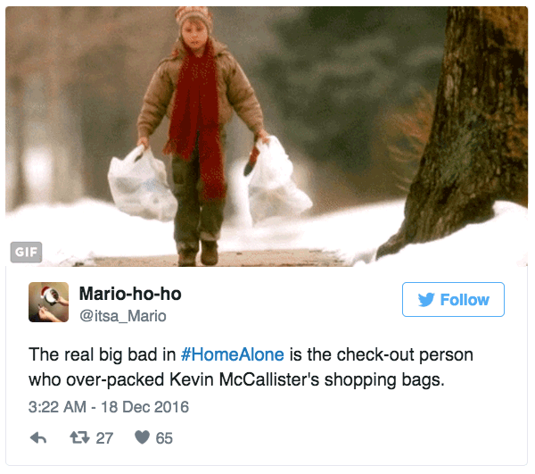 home alone bags break gif - Gif Mariohoho The real big bad in Alone is the checkout person who overpacked Kevin McCallister's shopping bags. 7 27 65