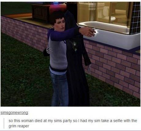 sims grim reaper meme - simsgonewrong so this woman died at my sims party so I had my sim take a selfie with the grim reaper