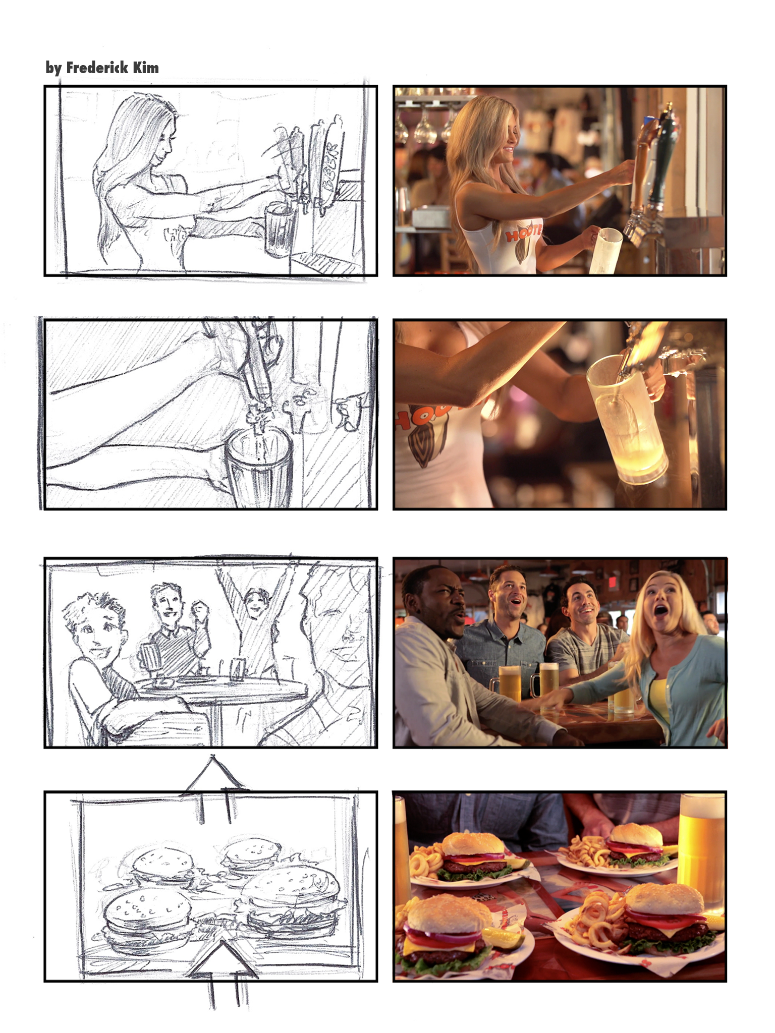 "Here's another rushed storyboard I drew. We filmed this one at the original Hooters in Florida."