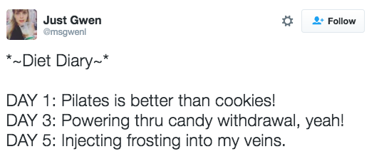 diet document - Just Gwen Diet Diary Day 1 Pilates is better than cookies! Day 3 Powering thru candy withdrawal, yeah! Day 5 Injecting frosting into my veins.