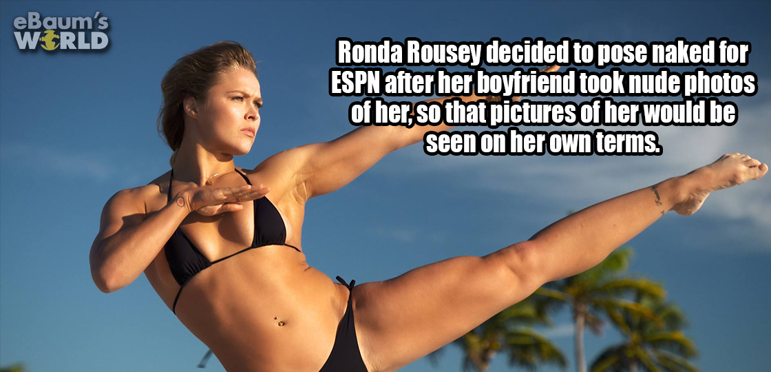 ronda rousey beach - eBaum's World Ronda Rousey decided to pose naked for Espn after her boyfriend took nude photos of her, so that pictures of her would be seen on her own terms.