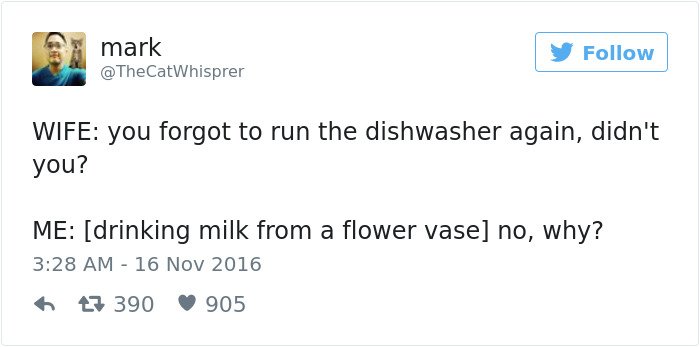 hands husband back to mother in law - mark Wife you forgot to run the dishwasher again, didn't you? Me drinking milk from a flower vase no, why? 7 390 905