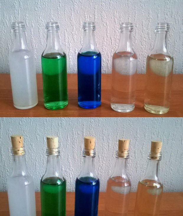 From the left is: a herbal liqueur as Cat, Absinthe as Blizzard, Blue Curacao as Swallow, Vodka as White Gull and Bison Grass Vodka as White Honey.