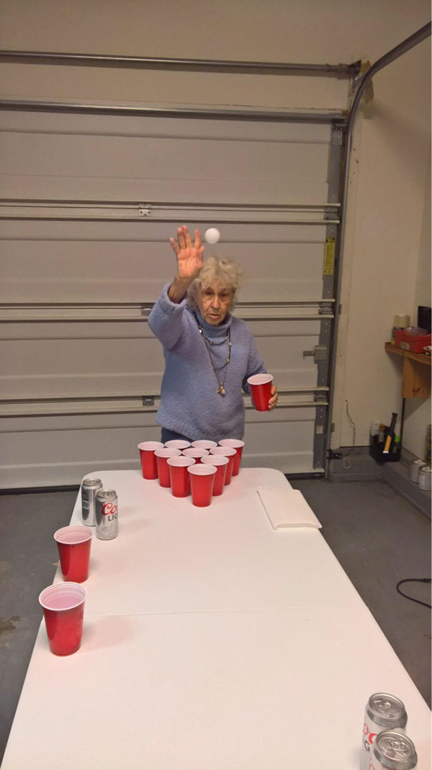 This Grandma is 90 and plays beer pong in the garage.