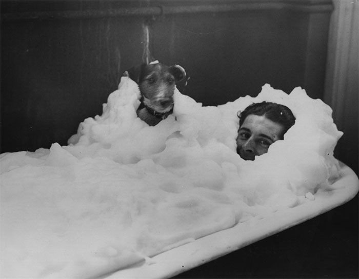 Wally Kilminster enjoys a foam bath with his dog in the dressing rooms at Wembley Stadium, 1934.