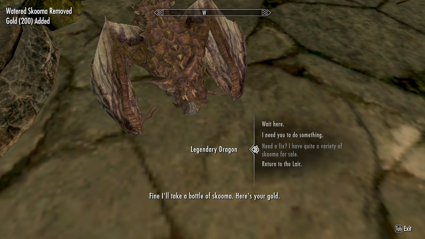 biome - Watered Skooma Removed Gold 200 Added Wait here. I need you to do something. Need a fix? I have quite a variety of skooma for sale. Return to the Lair. Legendary Dragon Fine I'll take a bottle of skooma. Here's your gold. Tab Exit