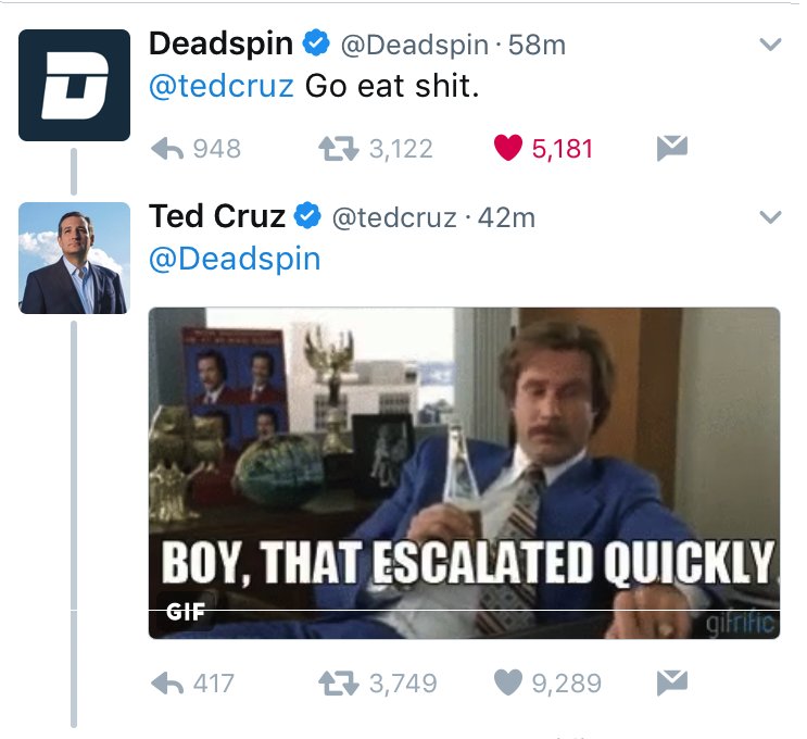 Apparently, Deadspin did not take kindly to Ted's submission.

Cruz had a witty reply ready and wasn't afraid to resort to Memes.