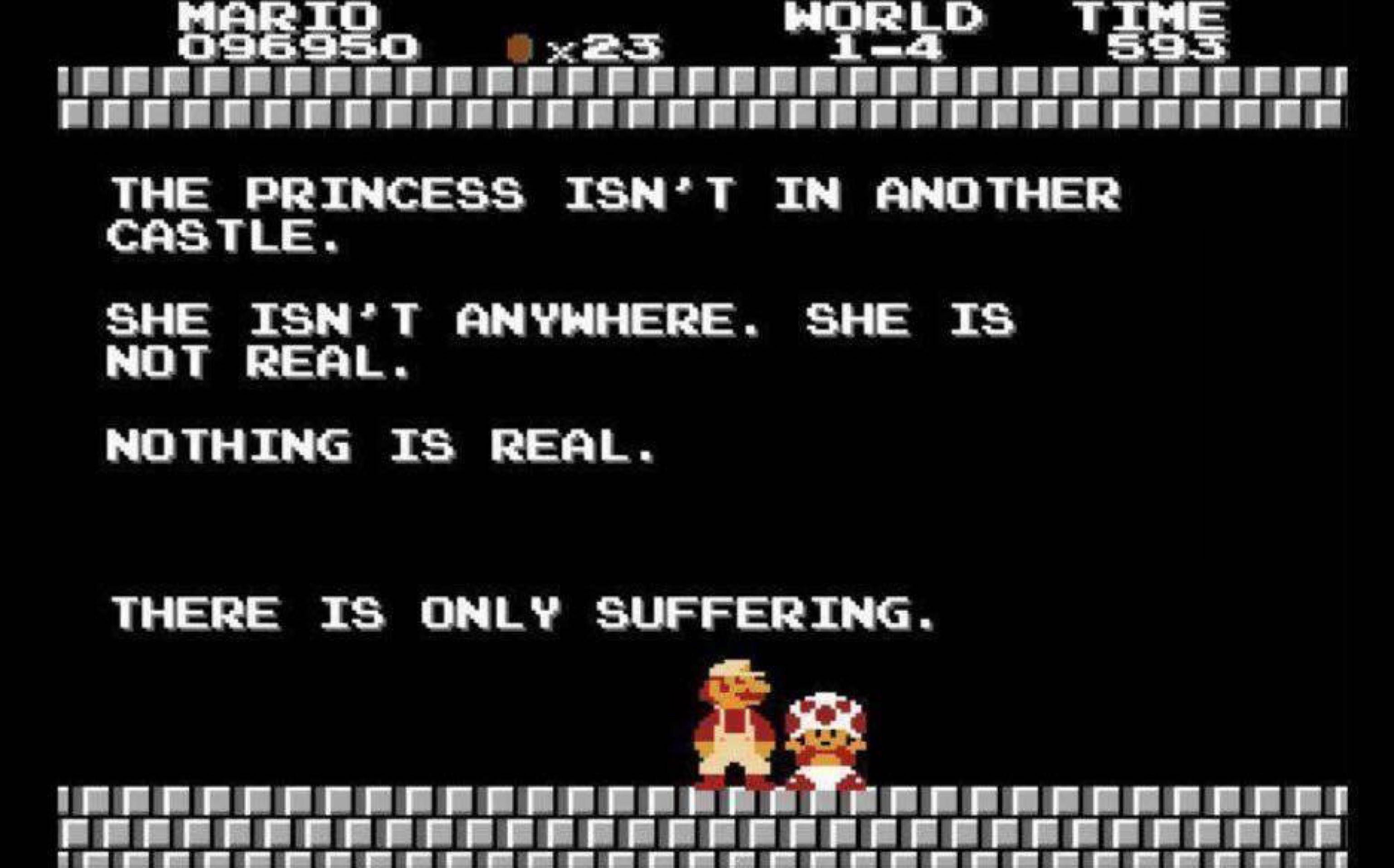 princess is in another castle - Mario 096950 World Time The Princess Isn'T In Another Castle, She Isn'T Anywhere, She Is Not Real Nothing Is Real. There Is Only Suffering,