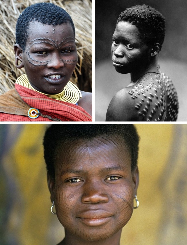 Scarification: Western Africa/New Guinea. The inhabitants of New Guinea and several other countries in Africa still decorate their bodies with patterns and numerous artistic scars. The scars are usually given to men during an initiation ceremony, whereas for women these "tattoos" are considered an indication of great beauty.
