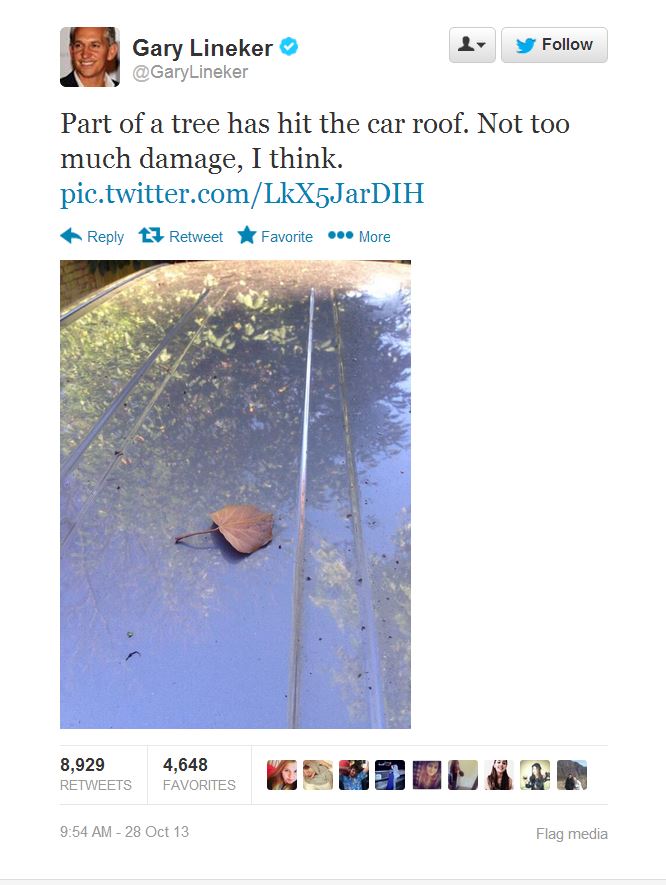 funniest dad jokes ever - y Gary Lineker Part of a tree has hit the car roof. Not too much damage, I think. pic.twitter.comLkX5JarDIH t Retweet F avorite ... More 8,929 4,648 Favorites 28 Oct 13 Flag media