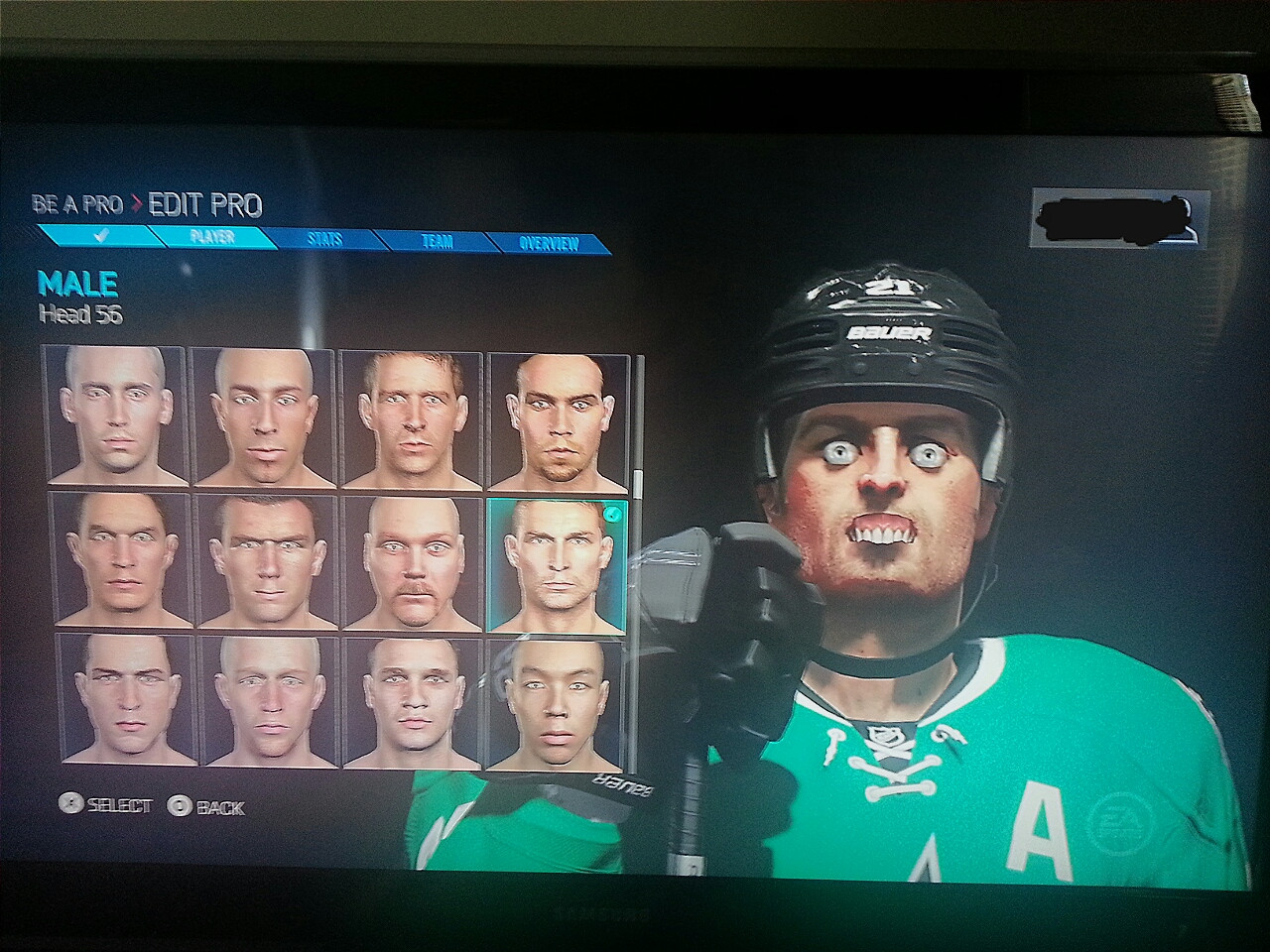 nhl glitches - Be A Pro Edit Pro Team Overview Male Head 56 Select Back