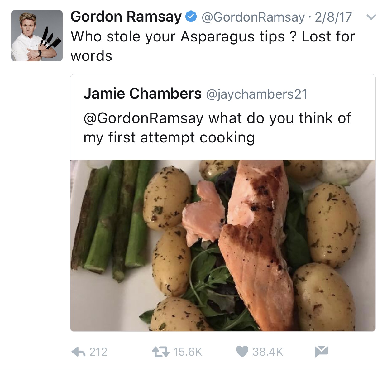 tweet - gordon ramsay twitter memes - V Gordon Ramsay Ramsay 2817 Who stole your Asparagus tips ? Lost for words Jamie Chambers 21 Ramsay what do you think of my first attempt cooking 212 27