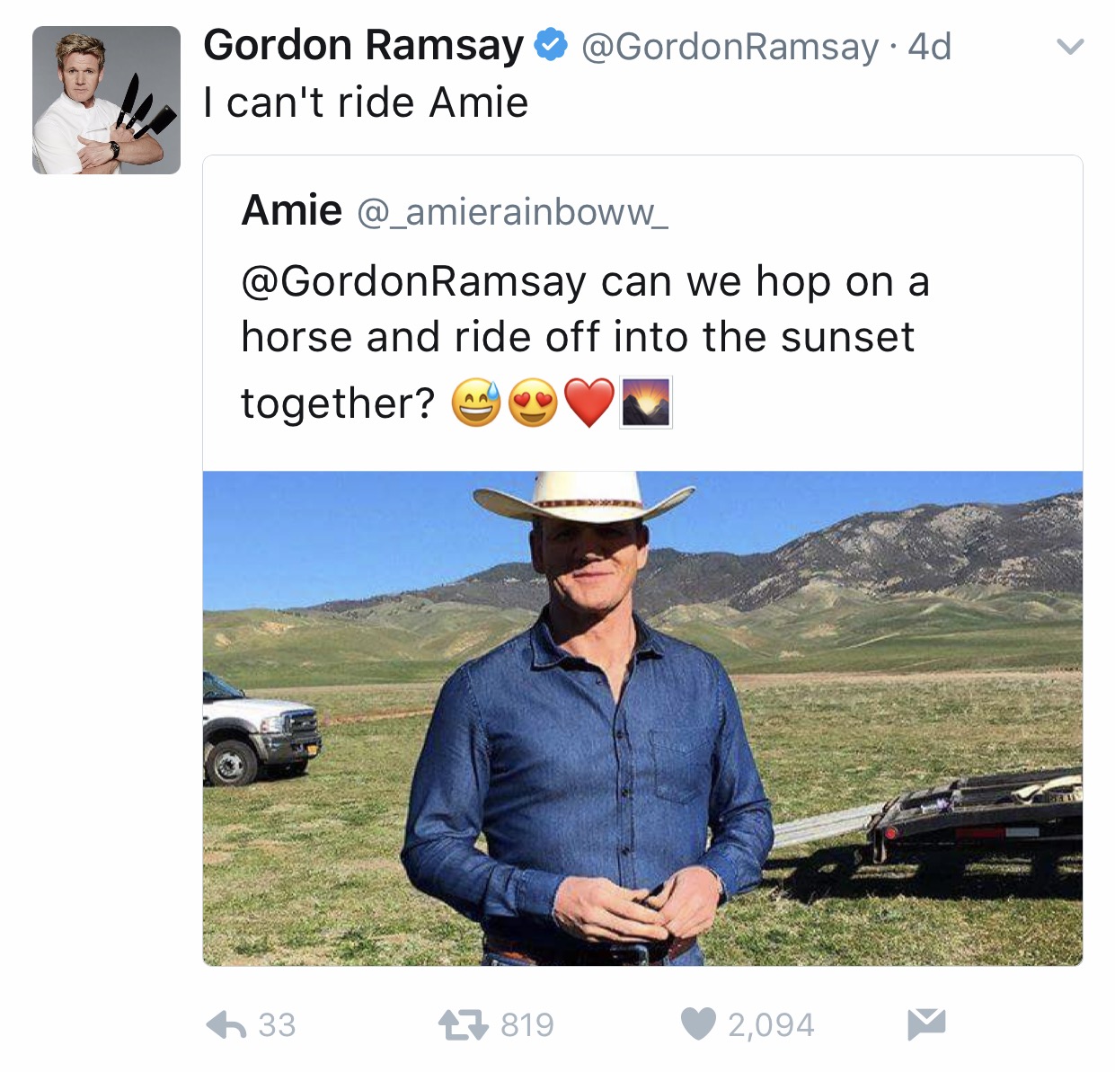 tweet - gordon ramsay twitter roast meme - Ramsay 4d Gordon Ramsay I can't ride Amie Amie Ramsay can we hop on a horse and ride off into the sunset together? Q N 33 27 819 2,094