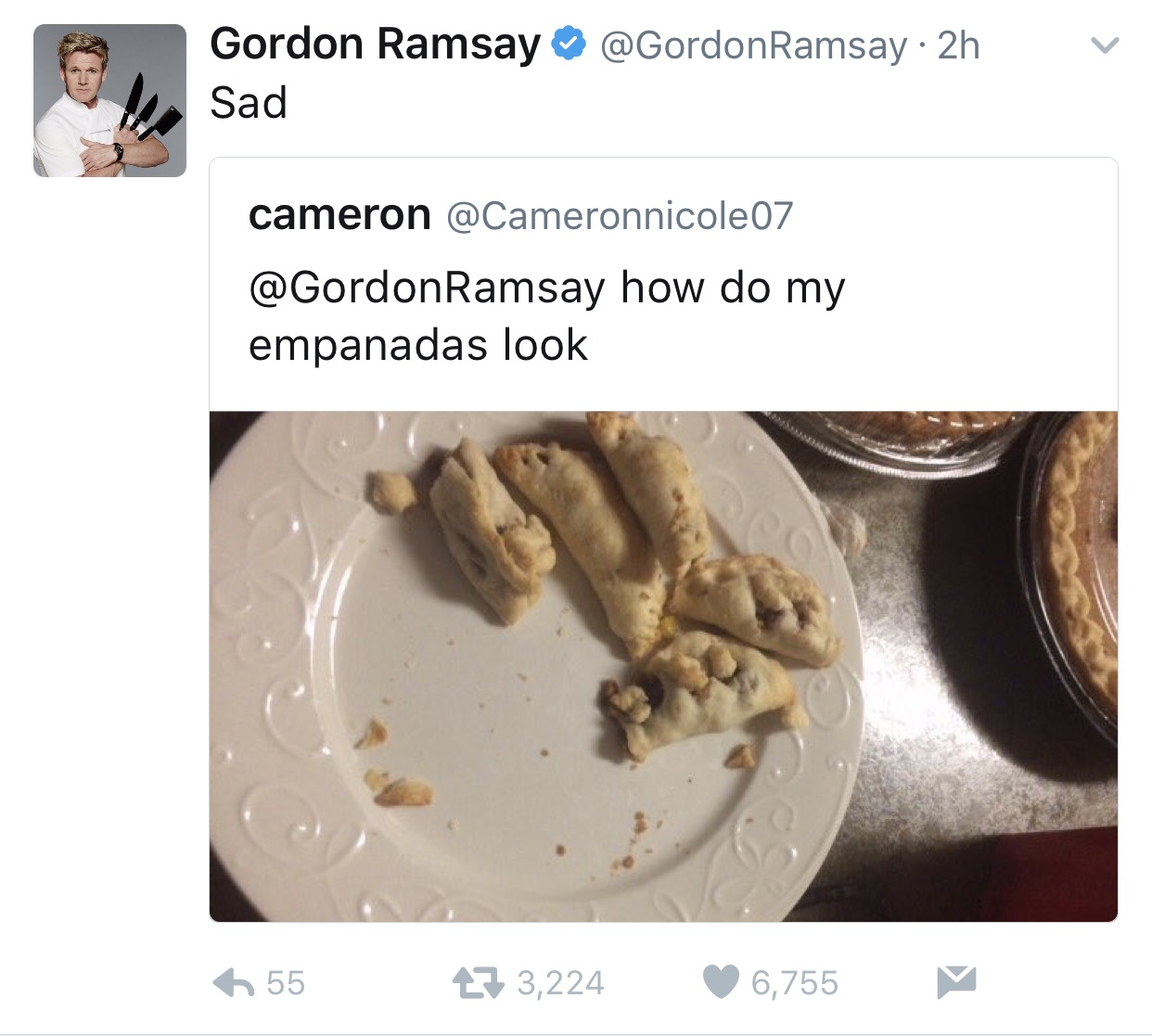 tweet - gordon ramsay twitter memes - Ramsay 2h Gordon Ramsay Sad cameron Ramsay how do my empanadas look 6 55 27 3,224 6,755