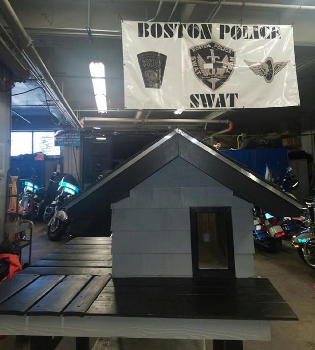 “Officer Jamie Pietroski, a 15-year veteran of the Boston Police Department, stayed late after work for several nights painstakingly preparing SWAT Cat’s new home,” writes the department. “The condo features a spacious studio interior layout, a large deck for outdoor dining and glass sliding doors offering panoramic city views.”