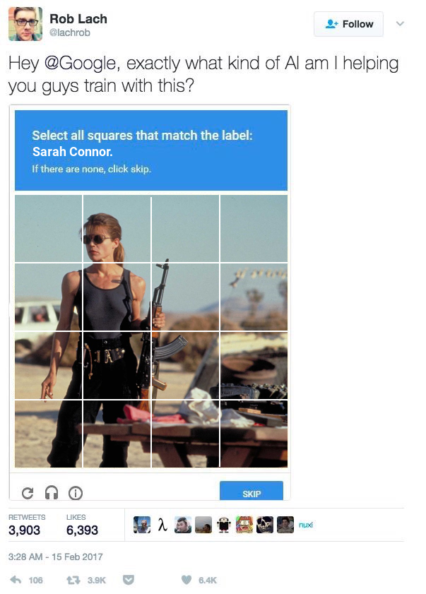 select all squares with sarah connor - Rob Lach Olachrob Rob Lach Hey , exactly what kind of Al am I helping you guys train with this? Select all squares that match the label Sarah Connor. If there are none, click skip 3,903 6,393 au.Se 328 Am 100 360