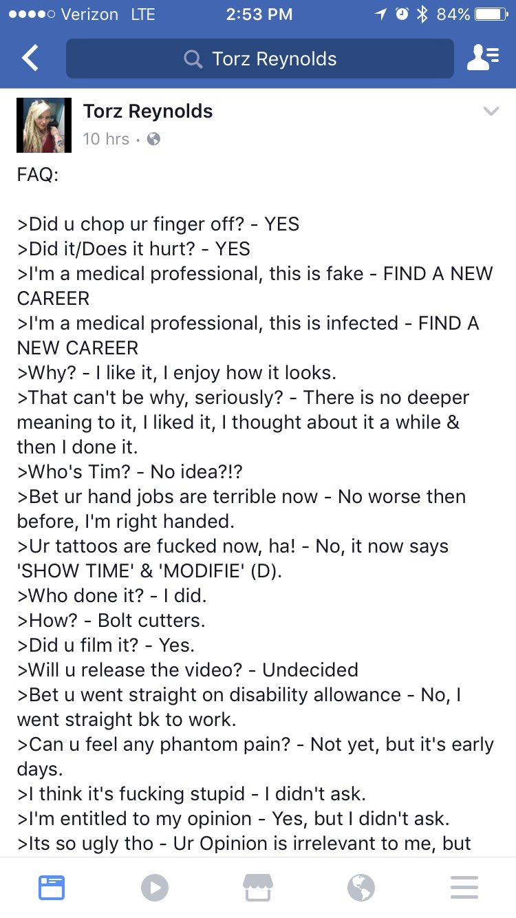 She even wrote a FAQ about it that she posted to her facebook page.   Hopefully, this satisfies her craving for attention, or else she may be chopping off more body parts!