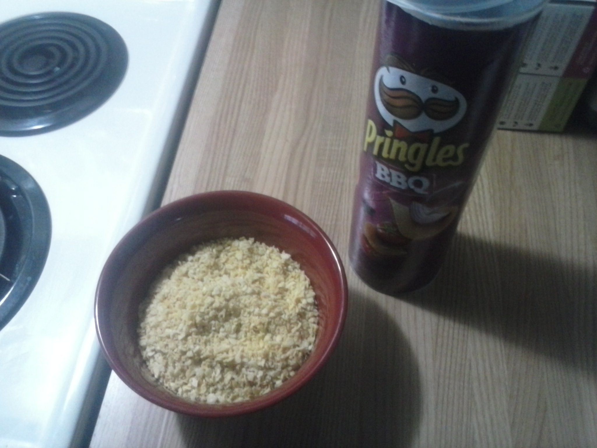 "This is what one whole ~6oz. can of Pringles looks like crushed up in a bowl."