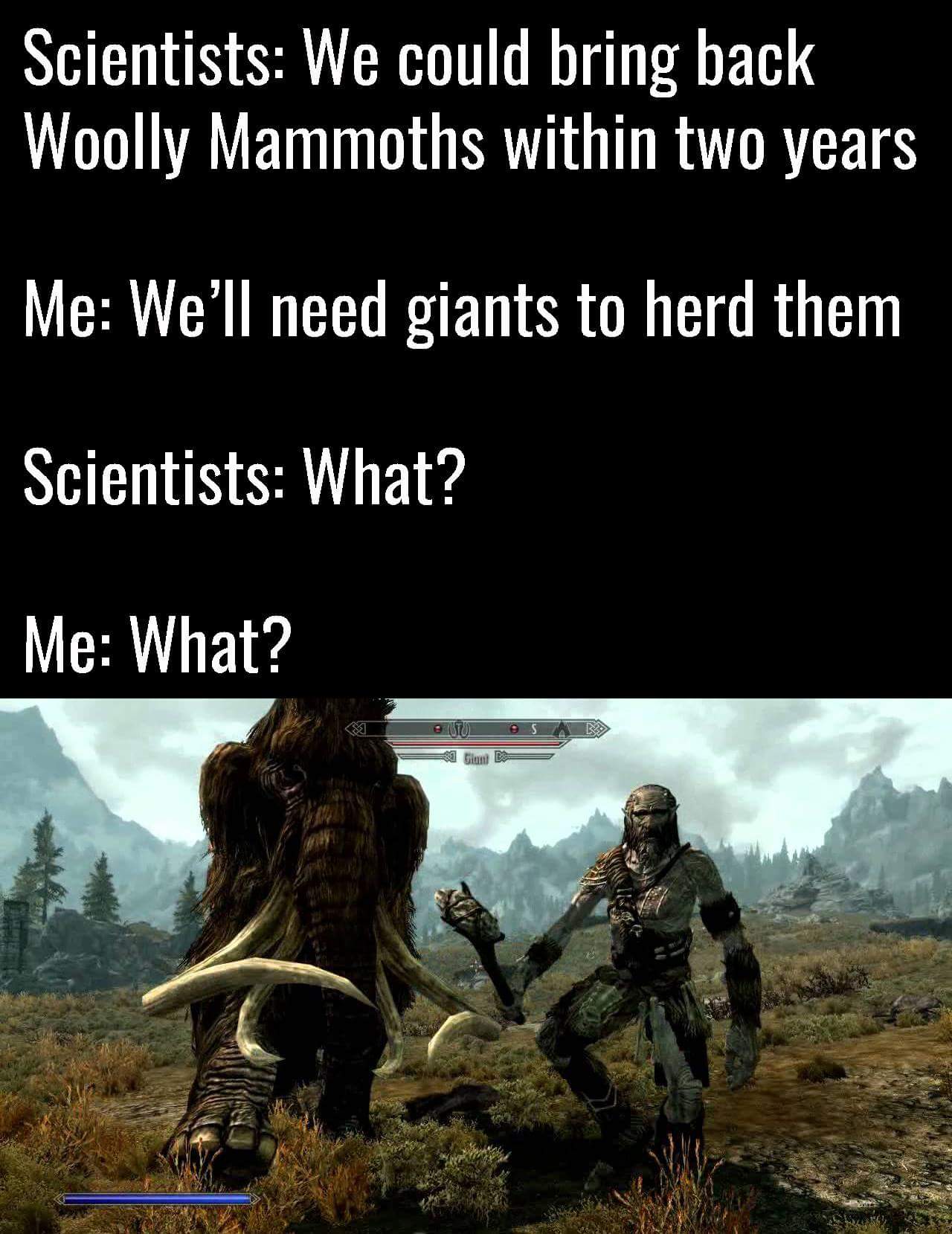 skyrim quest meme - Scientists We could bring back Woolly Mammoths within two years Me We'll need giants to herd them Scientists What? Me What?