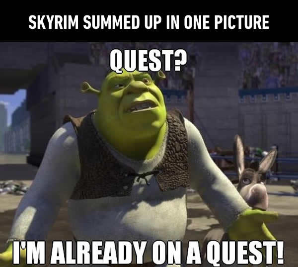 skyrim shrek meme - Skyrim Summed Up In One Picture Quest? I'M Already On A Quest!