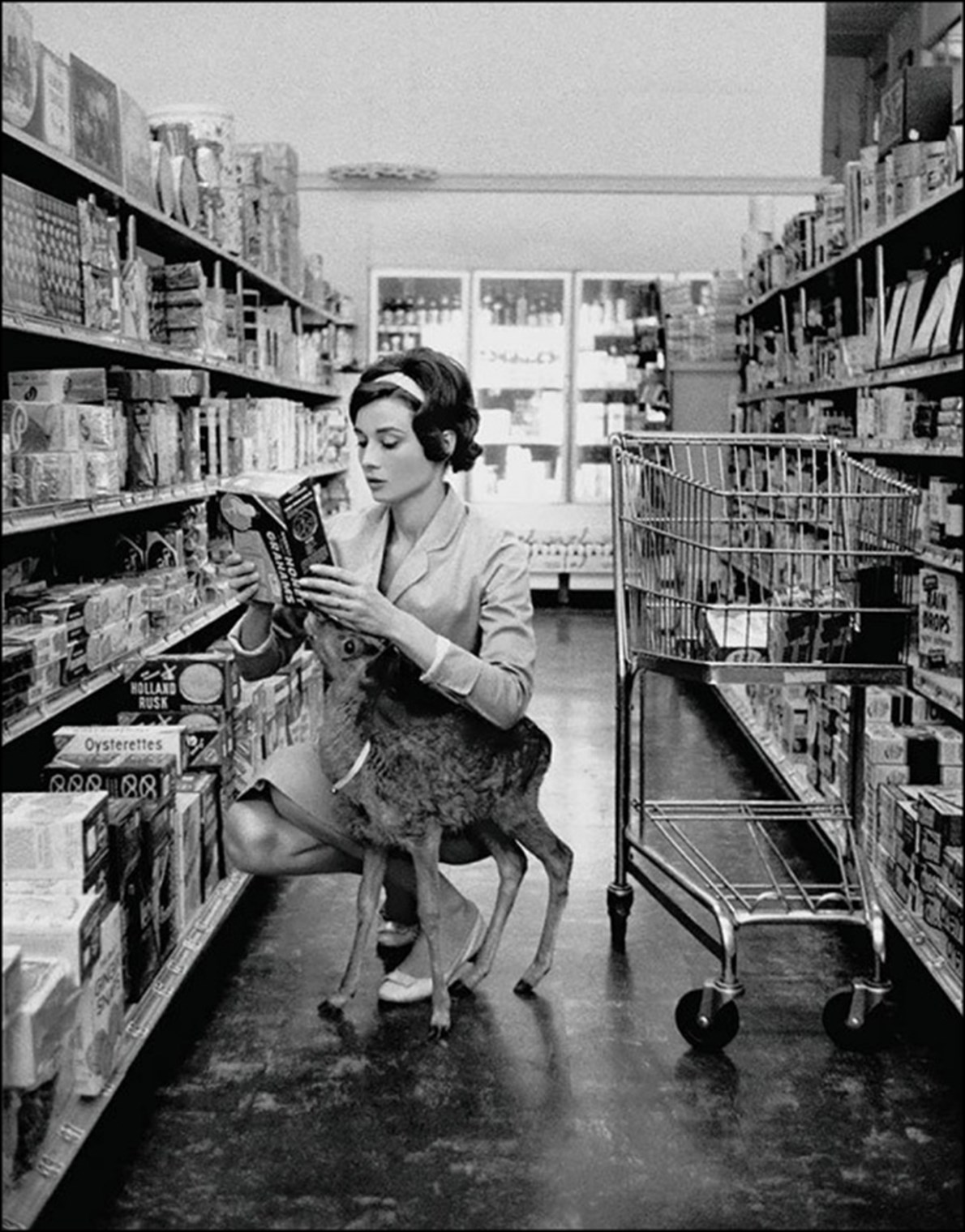 Audrey Hepburn took her pet fawn to a store. Fawntastic.