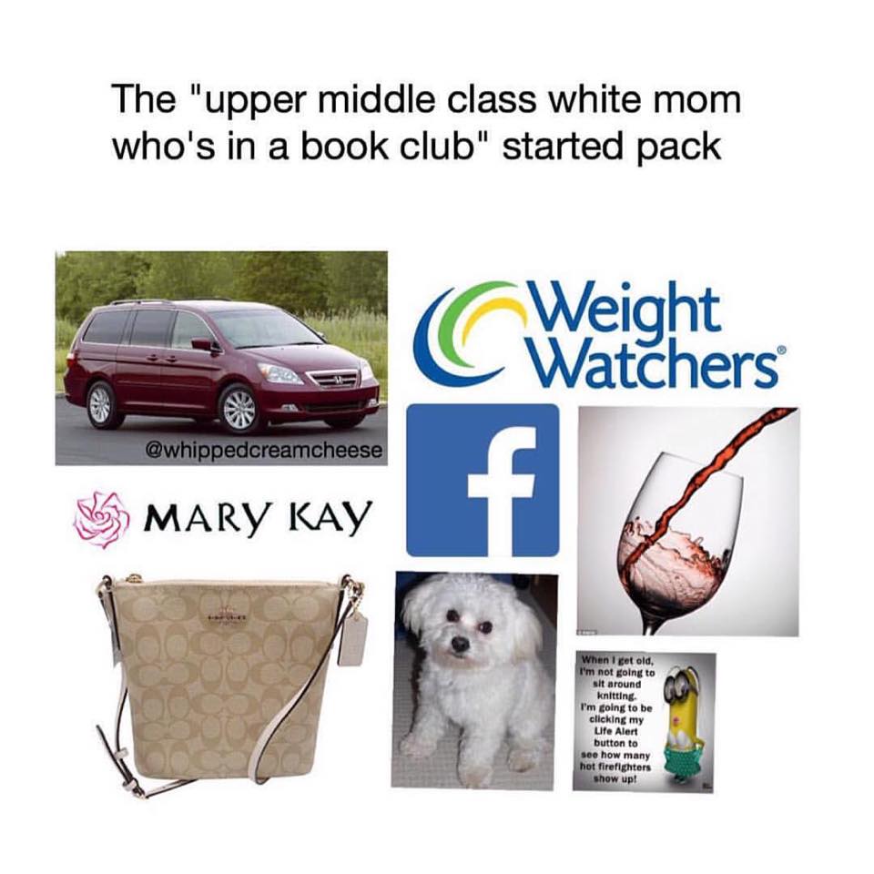 knitting starter pack meme - The "upper middle class white mom who's in a book club" started pack Weight C Watchers Mary Kay When I get old. I'm not going to sit around knitting I'm going to be clicking my Life Alert button to see how many hot firefighter