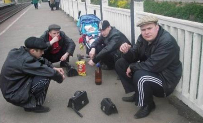 russia squatting slavs in tracksuit