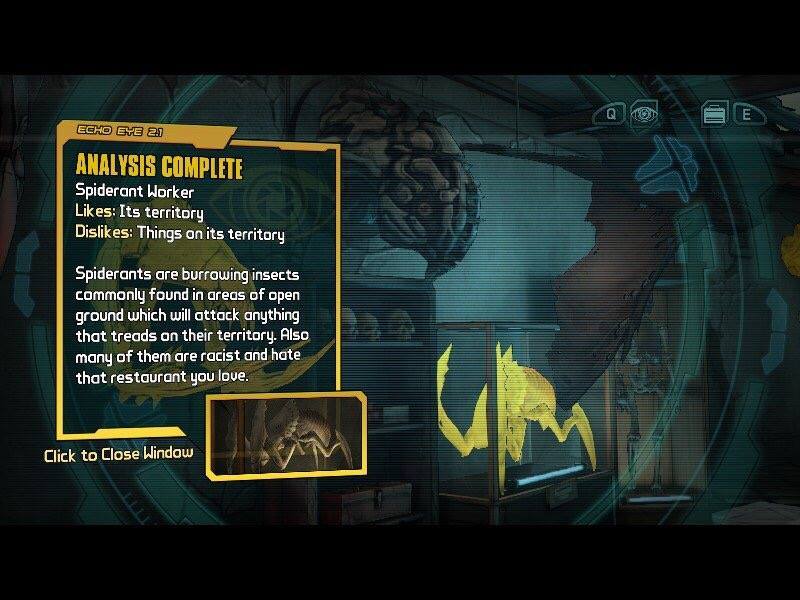 tales from the borderlands rhys scan - Echo Eve 2.1 Analysis Complete Spiderant Worker Its territory Dis Things on its territory Www Spiderants are burrowing insects commonly found in areas of open ground which will attack anything that treads on their te