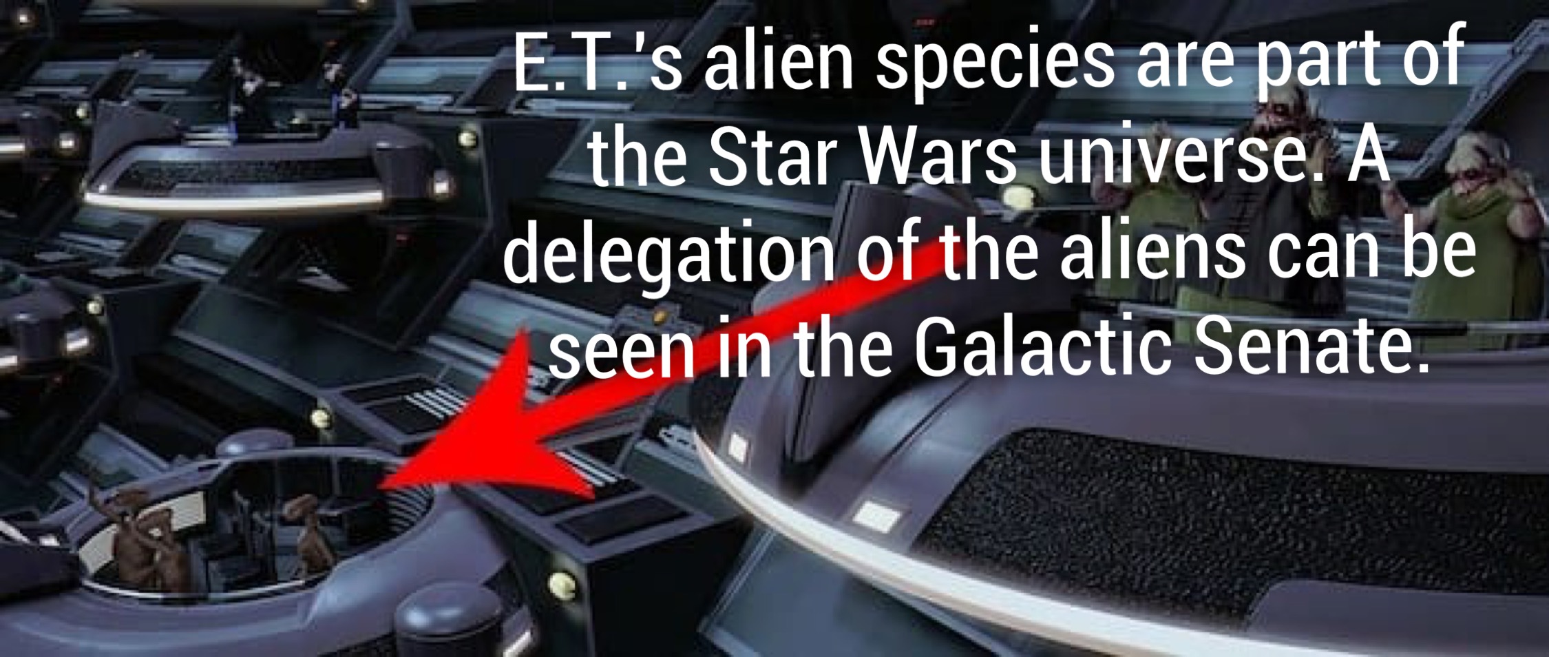 star wars et - E.T.'s alien species are part of the Star Wars universe. A delegation of the aliens can be seen in the Galactic Senate.