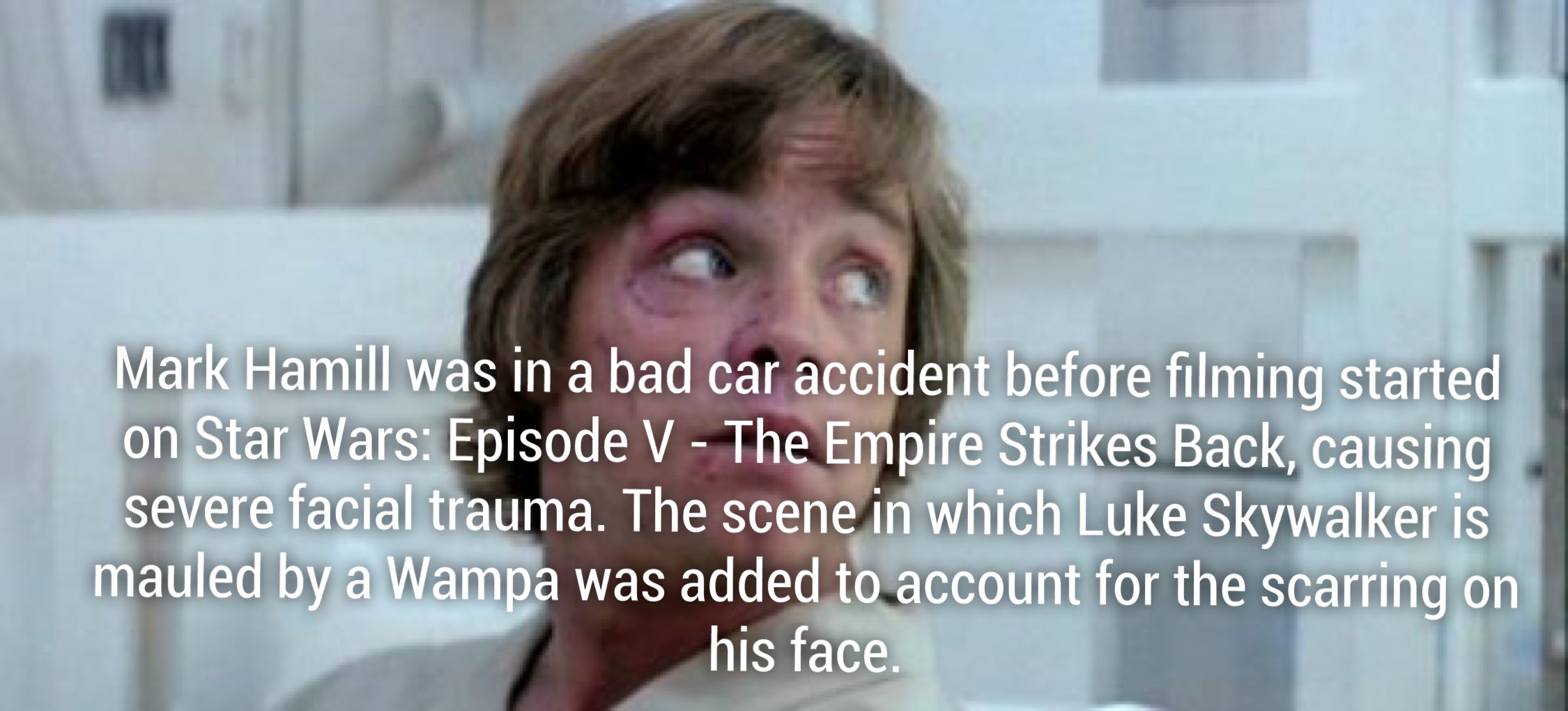 mark hamill scar - Mark Hamill was in a bad car accident before filming started on Star Wars Episode V The Empire Strikes Back, causing severe facial trauma. The scene in which Luke Skywalker is mauled by a Wampa was added to account for the scarring on h
