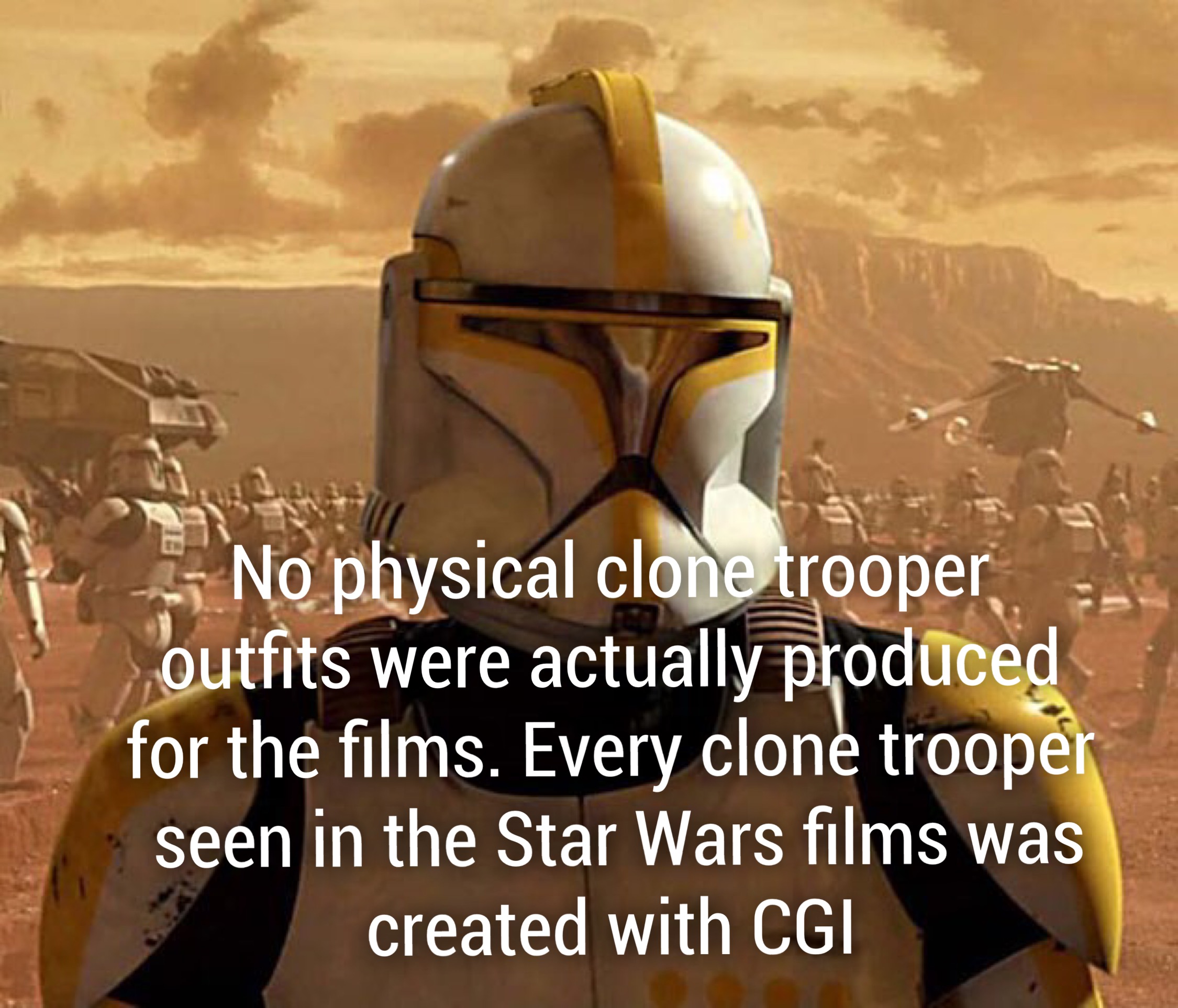 clone trooper armor - No physical clone trooper outfits were actually produced for the films. Every clone trooper seen in the Star Wars films was created with Cgi