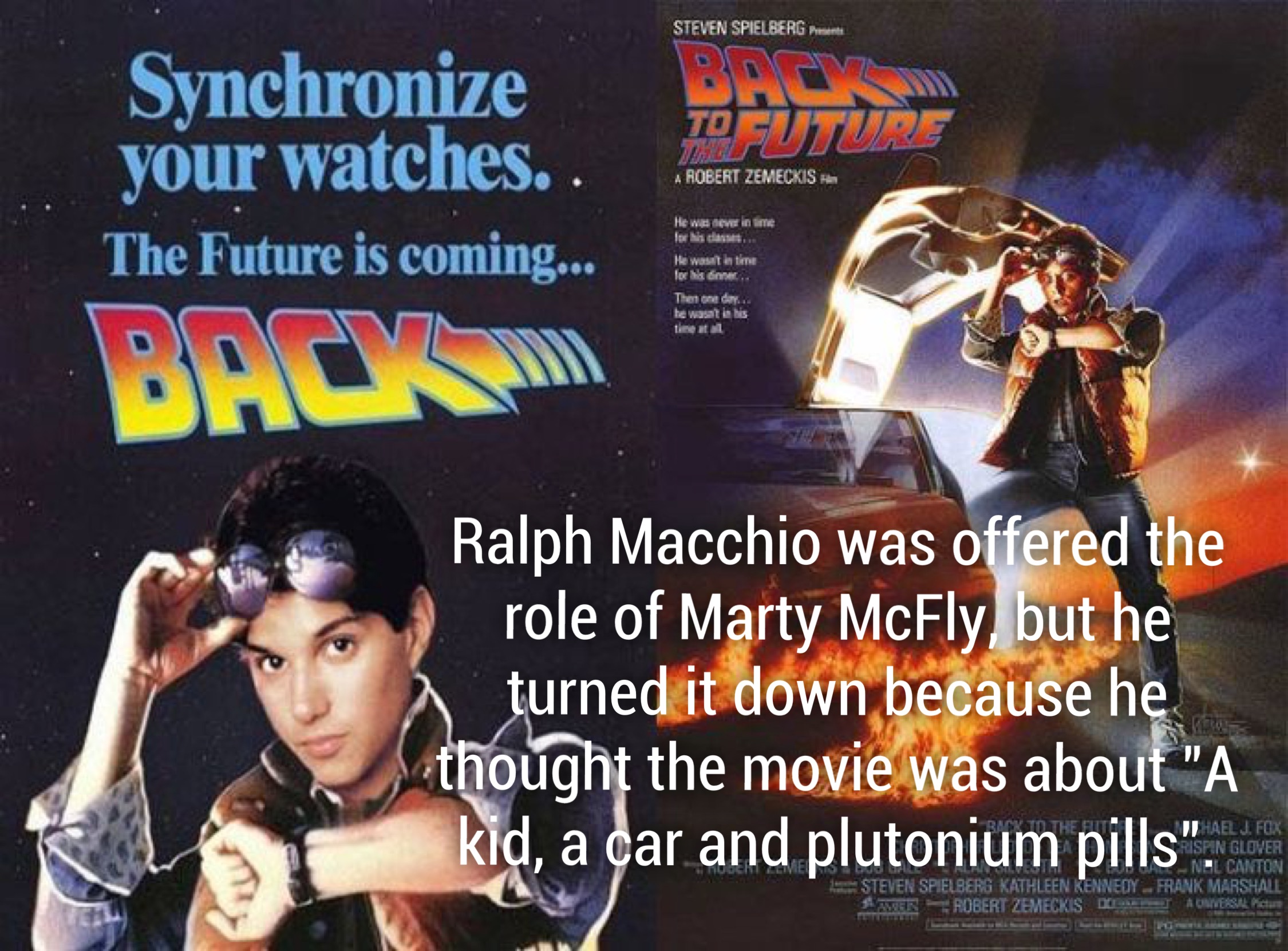 fact about the back to the future - Steven Spielberg Synchronize your watches.. The Future is coming... Robert Zemeckis Ralph Macchio was offered the role of Marty McFly, but he turned it down because he thought the movie was about "A kid, a car and pluto