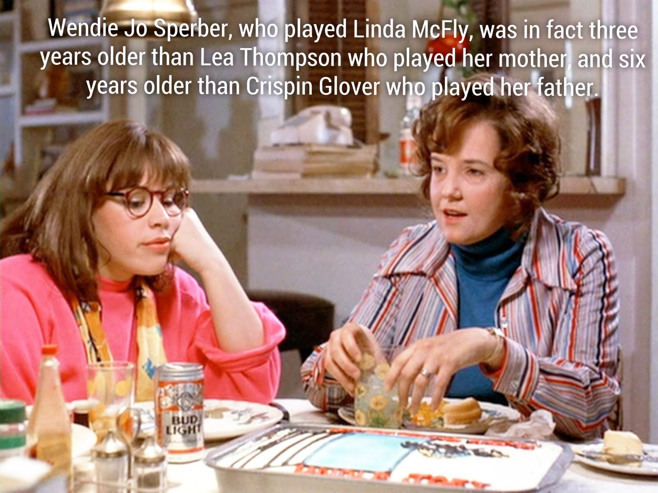 back to the future linda mcfly - Wendie Jo Sperber, who played Linda McFly, was in fact three years older than Lea Thompson who played her mother and six years older than Crispin Glover who played her father.