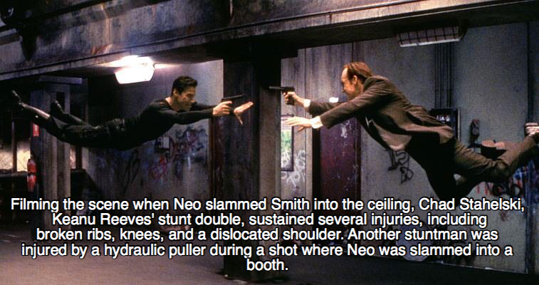 matrix smith neo - Filming the scene when Neo slammed Smith into the ceiling, Chad Stahelski, ... Keanu Reeves' stunt double, sustained several injuries, including broken ribs, knees, and a dislocated shoulder. Another stuntman was injured by a hydraulic 