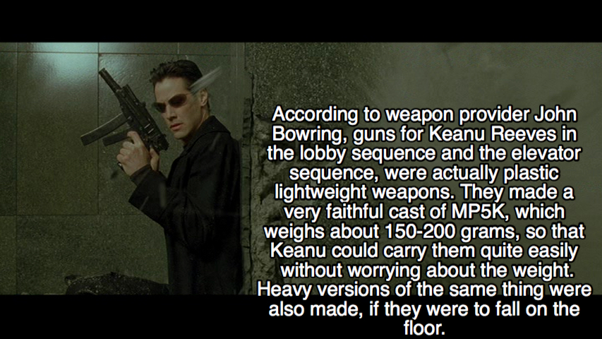 screenshot - According to weapon provider John Bowring, guns for Keanu Reeves in the lobby sequence and the elevator sequence, were actually plastic lightweight weapons. They made a very faithful cast of MP5K, which weighs about 150200 grams, so that Kean
